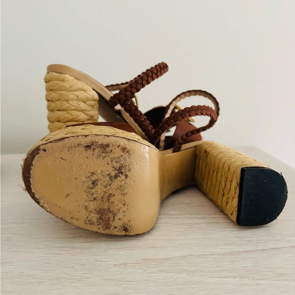 Valencia Brown Leather Platform Sandals with Gold Emblem